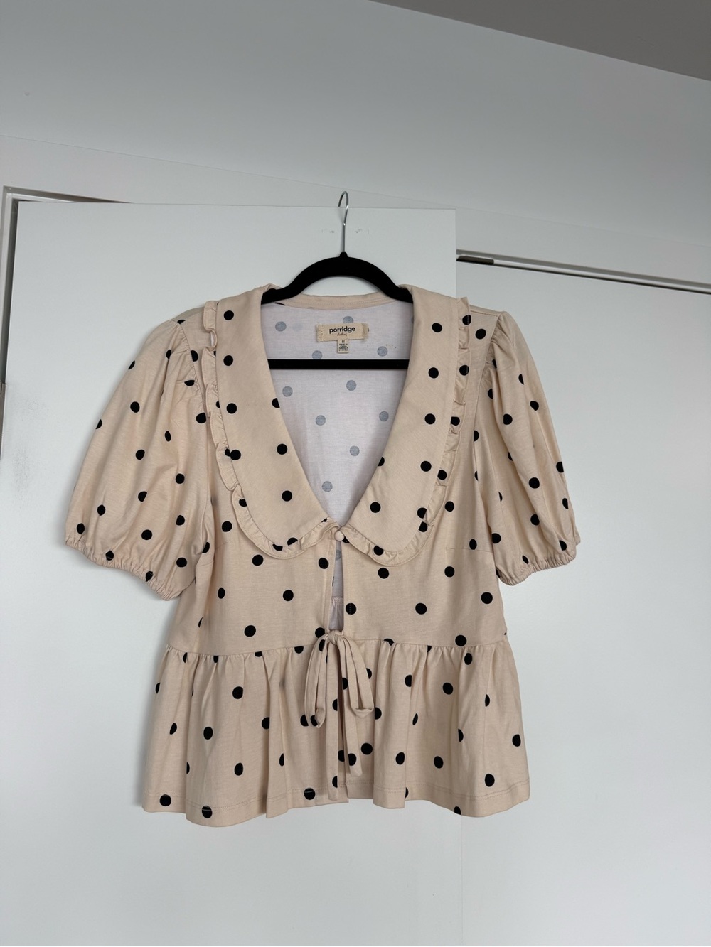 Anthropologie Beige Polka Dot Peplum Blouse with Peter Pan Collar